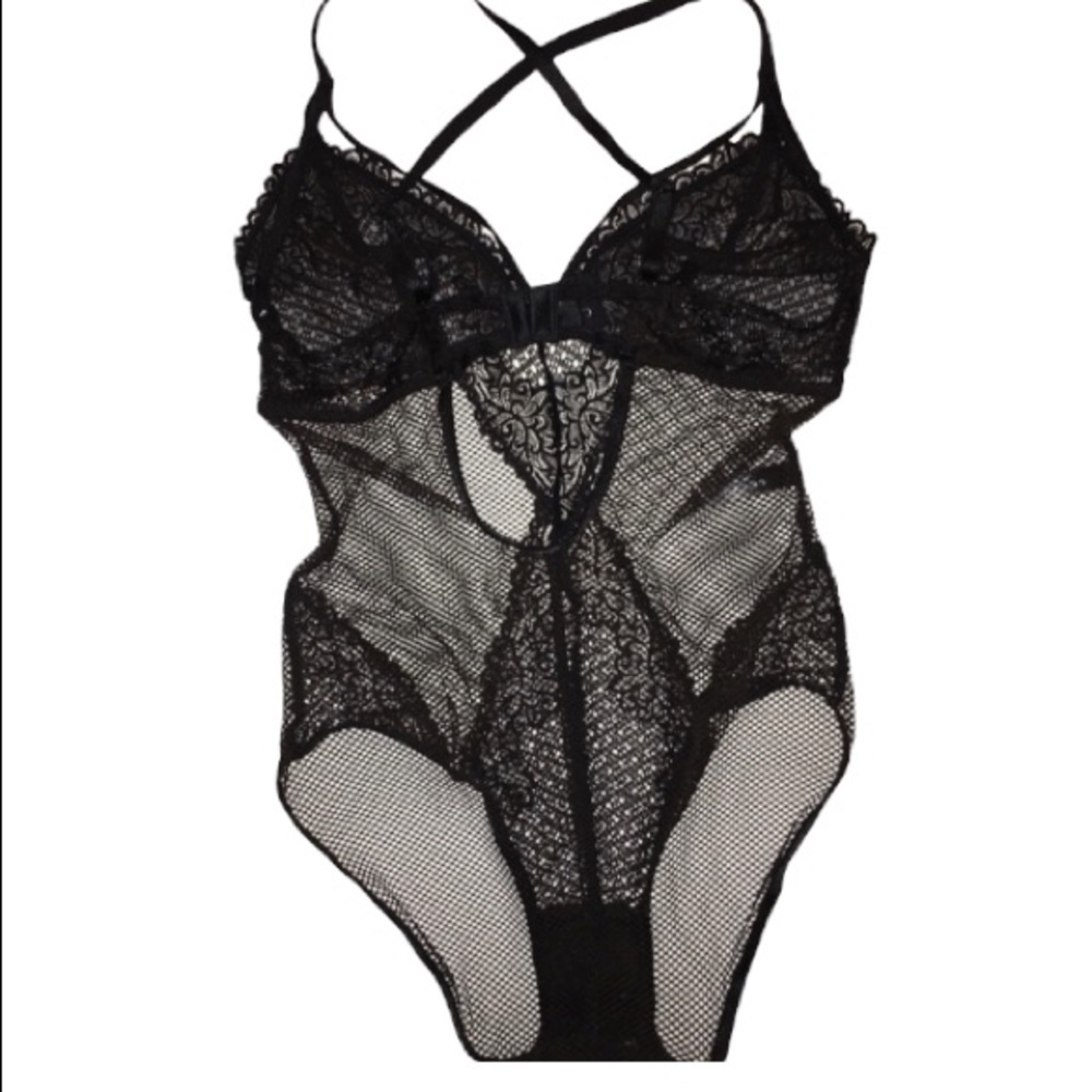 Black Lace Sheer Mesh Fishnet Teddie Bodysuit NWT